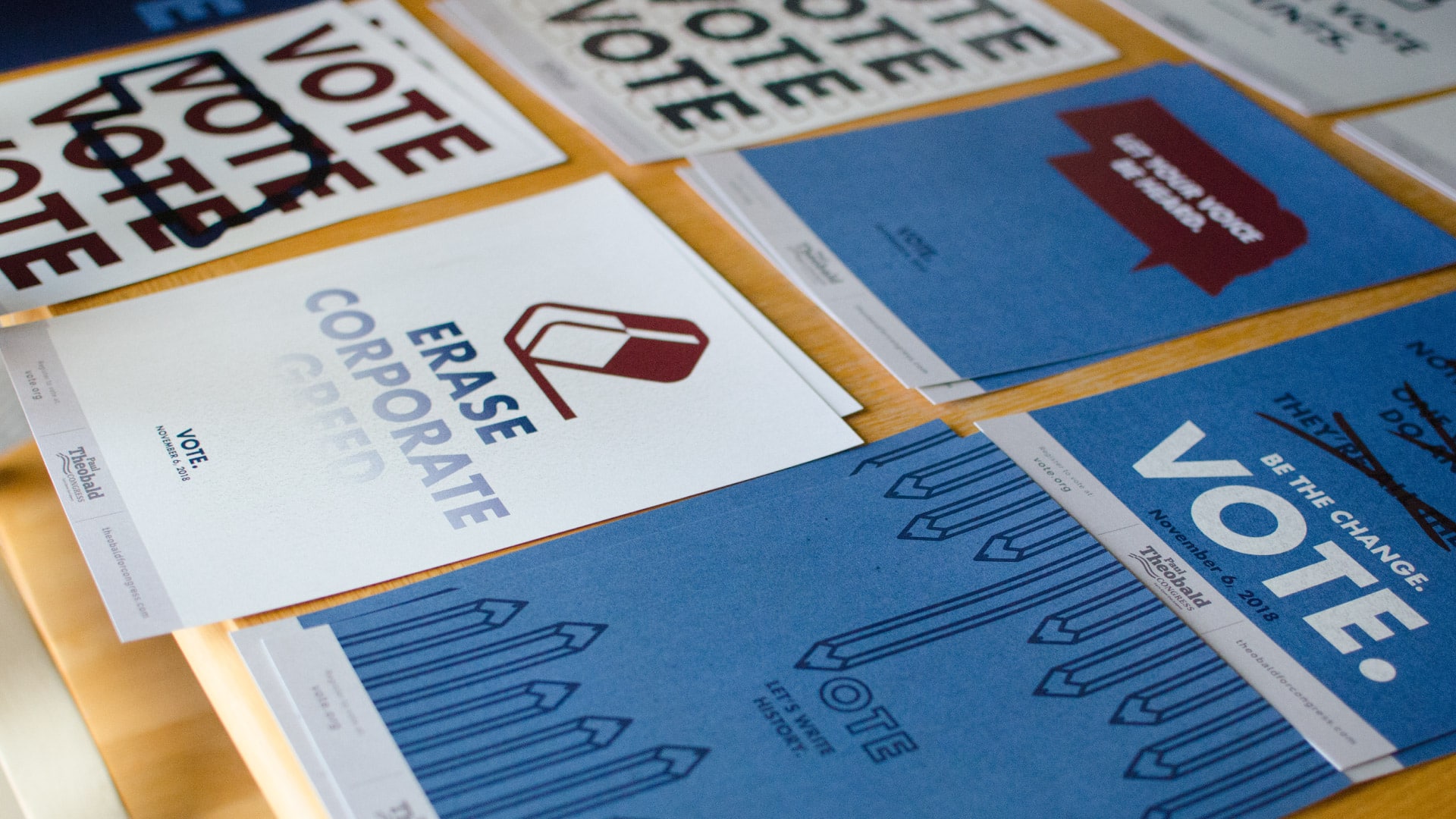 877’s promotional "vote" print pieces for Paul Theobald’s campaign
