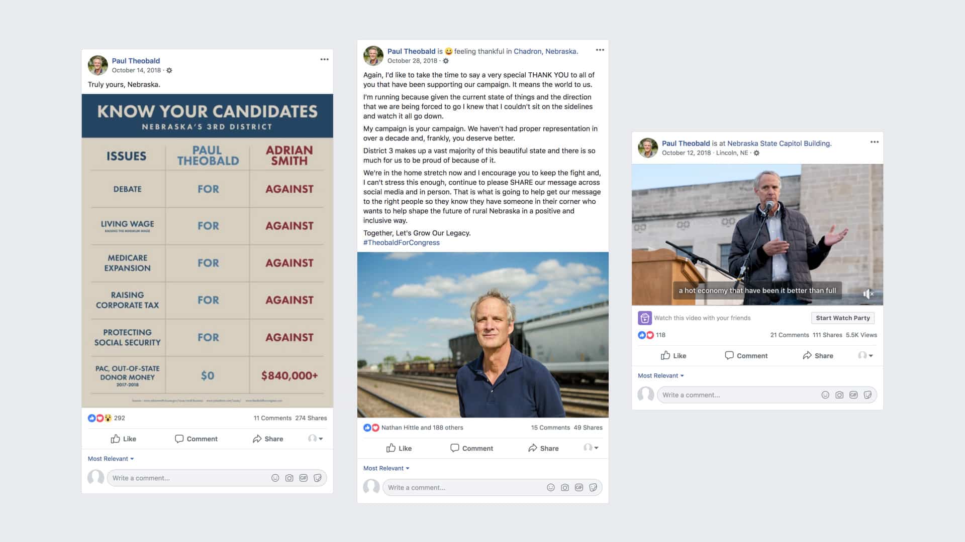 Facebook screenshots detailing Paul Theobald campaign highlights 2