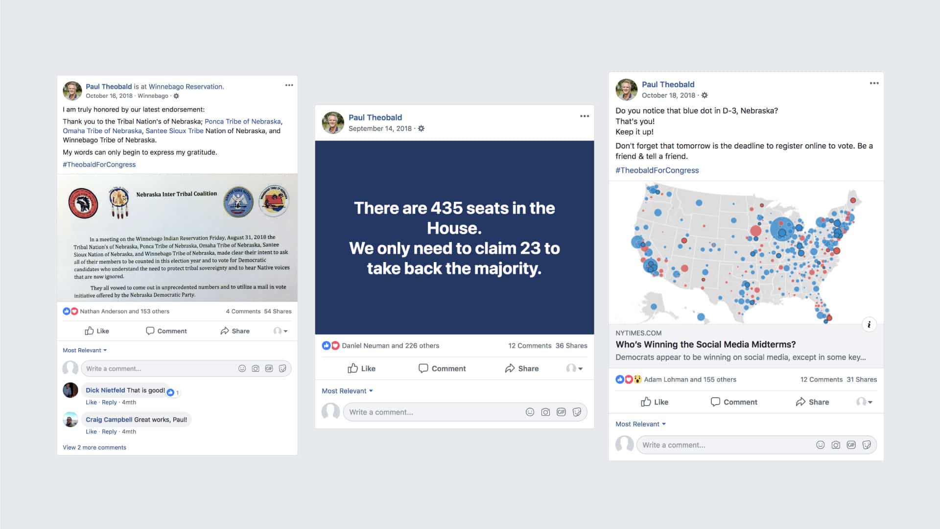 Facebook screenshots detailing Paul Theobald campaign highlights