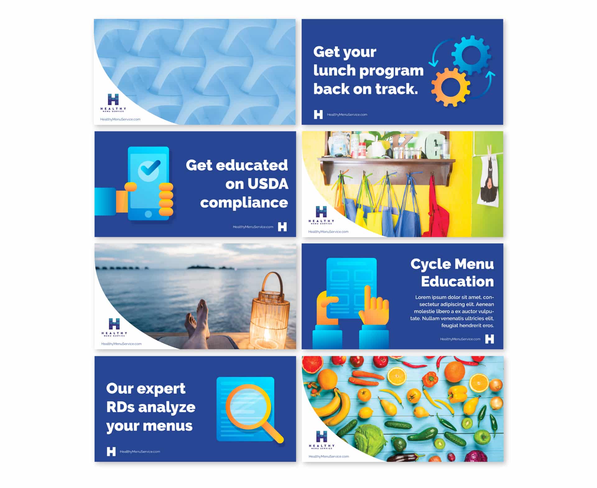 Advertisements with the Complete Menu Service logo and photo background